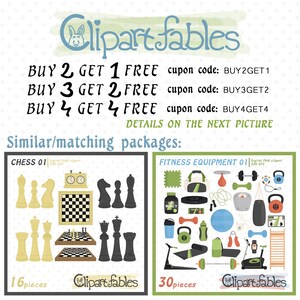 May include: A digital art graphic featuring the text "Clipart fables" and promotional offers. Two framed images display chess pieces and fitness equipment. The chess set includes 16 pieces, while the fitness set has 30 pieces.