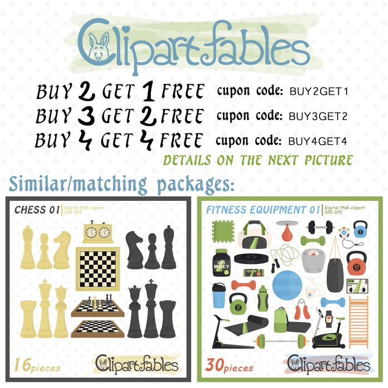 May include: A digital art graphic featuring the text "Clipart fables" and promotional offers. Two framed images display chess pieces and fitness equipment. The chess set includes 16 pieces, while the fitness set has 30 pieces.