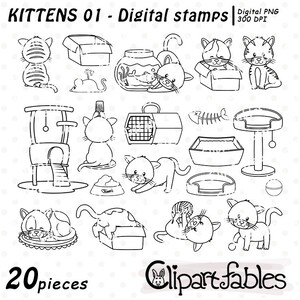 KITTENS digital stamps, Cute cat outline, Kitty, Kitties line art, Digital clipart - INSTANT download