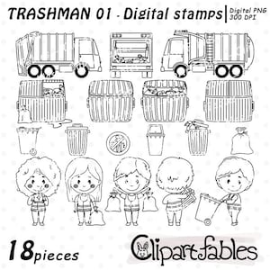 TRASHMAN digitaler Stempel, Müllsammler Clipart, Müllauto Umriss, Recycling Linie Kunst - SOFORTIGER Download, digitales PNG