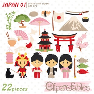 JAPAN clipart, Japanse illustraties, reizen clipart, pagode, samoerai, bamboe, sushi, bonsai, geisha - INSTANT download, digitale png