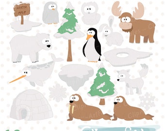 Cute ARCTIC ANIMALS clipart, North pole and sea, Sweet Narwhal, Scrapbook supplies - INSTANT Download, Printable digital clip art