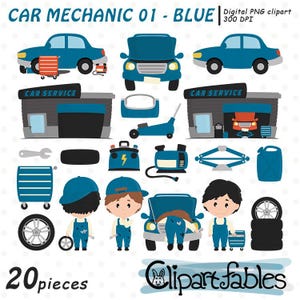 Op de afbeelding: Een set van 20 blauwe en zwarte clipart-illustraties van een automonteur, inclusief een auto, gereedschap, een garage en twee monteurs. De tekst "CAR MECHANIC 01 - BLUE" en "CAR SERVICE" zijn in de afbeelding opgenomen.
