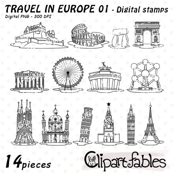 TRAVEL in EUROPE digital stamps, Famous buildings, Big Ben, European Landmarks, Iconic places, Sagrada Familia - INSTANT, Digital png