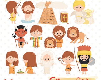 BIBLICAL STORIES clipart, Cute biblical characters, David and Goliath, Daniel and the Lions - INSTANT download, Printable, Digital design