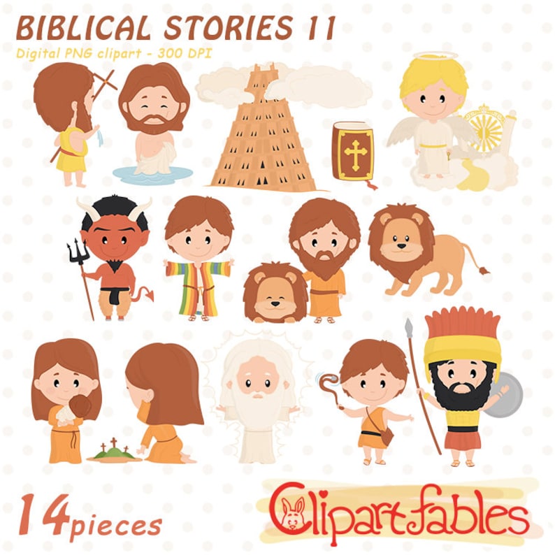 BIBLICAL STORIES clipart, Cute biblical characters, David and Goliath, Daniel and the Lions INSTANT download, Printable, Digital design image 1
