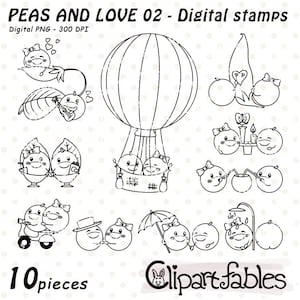 ロマンティックなPEASとLOVEのアウトライン、バレンタインデーのイラスト、かわいいデートのデジタルスタンプ、さやの中のエンドウ豆の線画、愛、 - 即時ダウンロード