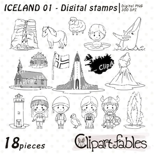 Profilo dell'Islanda, Punti di riferimento di viaggio in Islanda, Edifici famosi, Simboli dell'Islanda francobolli digitali - Download immediato, PNG digitale