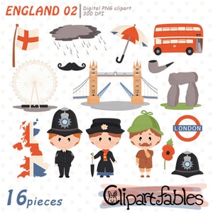 ENGLAND (02) clipart, Europe clip art, British symbols, Double decker bus, Tower bridge - INSTANT download, Digital PNG art