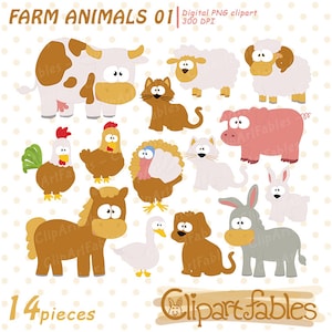 May include: A set of 14 cartoon farm animal illustrations. The animals include a cow, sheep, cat, pig, rooster, hen, turkey, horse, goose, dog, donkey, and rabbit. The illustrations are in a bright, colorful style and are perfect for use in children's books, educational materials, or crafts.