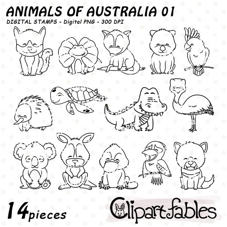 Cute AUSTRALIAN ANIMALS Digital Stamps, AUSSIE Animals, Stamps, Outline