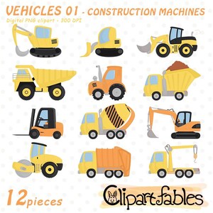 Puede incluir: Un conjunto de 12 imágenes de clipart digitales de vehículos de construcción. Los vehículos son amarillos y naranjas con detalles negros. Los vehículos incluyen un camión volquete, una mezcladora de cemento, una excavadora, una retroexcavadora, una carretilla elevadora, un rodillo compactador, un camión de basura y un camión grúa.