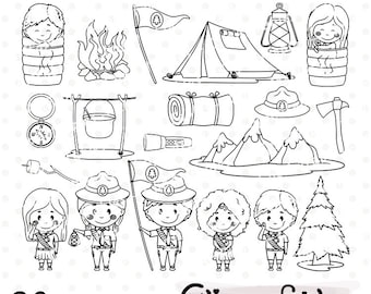 May include: Black and white line art illustrations of scout-themed images, including a tent, campfire, sleeping bag, compass, mountains, a pine tree, and scout characters. The text "SCOUT 01 - Digital stamps" and "20 pieces" are also included in the image.