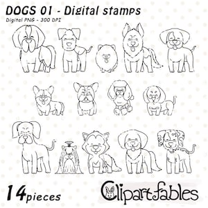 Sellos digitales de PERROS, dibujos de cachorros, contornos de mascotas, razas de perros, cachorros, patas, guau, animales bebés: coloración digital, descarga INSTANTÁNEA