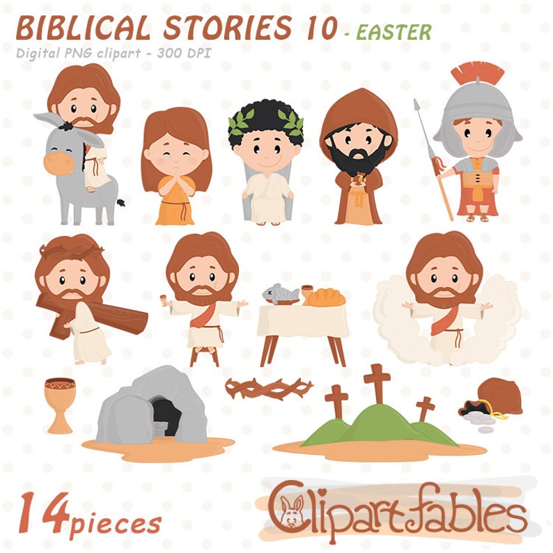 May include: A set of 14 colorful cartoon illustrations depicting scenes from the Easter story. The illustrations include Jesus riding a donkey, Jesus praying, Jesus with a crown of thorns, Jesus with a spear, Jesus carrying a cross, Jesus on the cross, Jesus in the tomb, Jesus resurrected, and other related symbols.