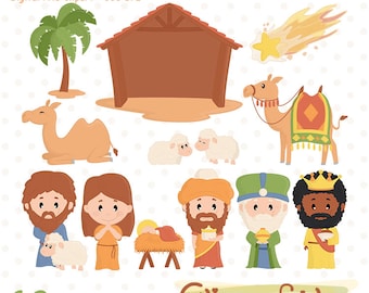 Könnte beinhalten: Eine Sammlung von 12 digitalen PNG-Clipart-Bildern mit Szenen der Geburt Christi. Die Illustrationen umfassen einen Stall, ein Kamel, Schafe, eine Palme, einen Stern und Figuren der Weihnachtsgeschichte. Der Text "BIBLICAL STORIES 07 - NATIVITY" ist sichtbar.