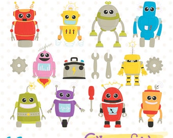 Cute ROBOT friends clipart, - Colorful, Funny robots, Robot birthday party, Toy robot, INSTANT Download, Printable, Digital art