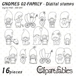 GNOME FAMILIE - Digitale Stempel zum Ausmalen, süße Waldwichtel, Waldwichtel, Familie Stempel, zum sofortigen Download, Umriss, Digital png