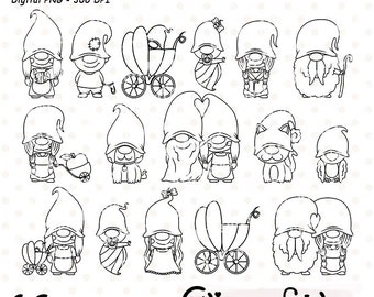 FAMILIA GNOME - Sellos digitales, Colorear, Lindos gnomos del bosque, Enanos del bosque, Amor, Sellos familiares - Descarga instantánea, Contorno, Digital png