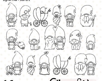 GNOME FAMILY - Digital stamps, Colouring, Cute woodland gnomes, Forest dwarfs, Love, Family stamps - Instant download, Outline, Digital png