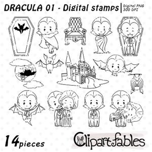 DRACULA digital stamps, Cute vampire outline, Dracula&#39;s castle, Coloring for kids, Transylvania - Digital PNG, Instant download