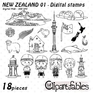 Timbres numériques de NOUVELLE-ZÉLANDE, contour maori, illustration de Hobbit, dessin au trait oiseau kiwi, téléchargement immédiat, PNG numérique