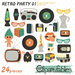 RETRO PARTY clipart, jaren 80, 90, muziekillustraties, vintage kunst, retro-objecten, 1990 - INSTANT download, digitale png