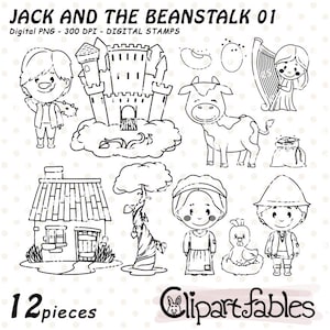 JACK and the BEANSTALK digital stamps, Fairy tale outline, Nursery, Storybook, Coloring for kids, Magic bean story - INSTANT download