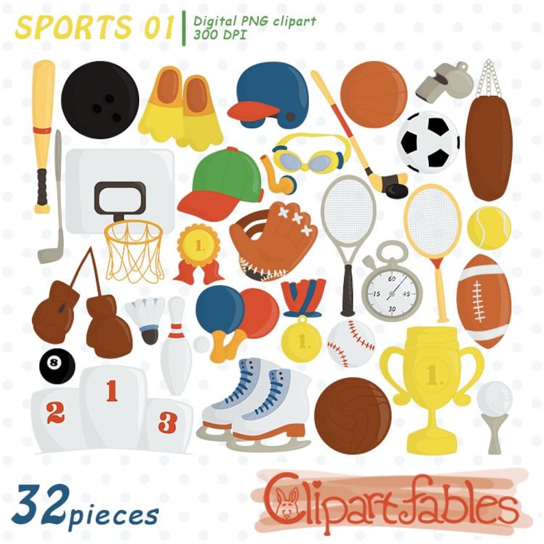 May include: A set of 32 digital clipart images featuring various sports equipment such as a cricket bat, bowling ball, swim fins, a helmet, a basketball, a football, and more. Text includes "SPORTS 01" and "32 pieces".