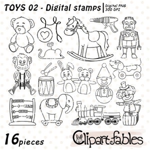 Sellos digitales JUGUETES RETRO, Contorno de juguetes de madera, Mono de platillo, Arte lineal de yoyo, Caja de osito de peluche y payaso - DESCARGA INMEDIATA, Colorear