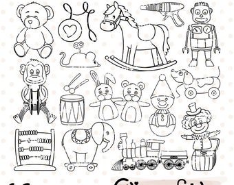 Cute RETRO TOYS digital stamps, Wooden toys outline, Cymbal monkey, Yoyo line art, Teddy bear and clown box - INSTANT download, Colouring
