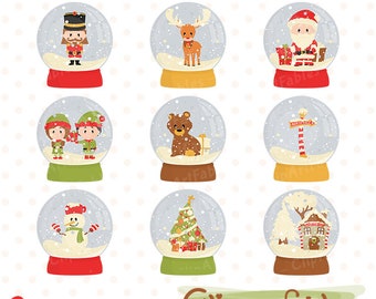 Cute CHRISTMAS snow globe clipart, INSTANT download - Filled with Chirstmas arts - SANTA,Elf design, Christmas tree - Digital clipart