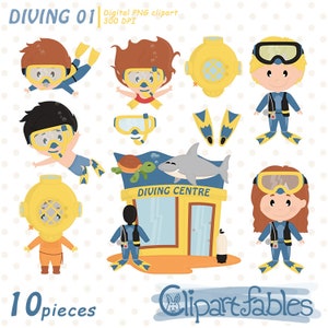 DIVING clipart, Cute snorkeling clip art, Deep sea diver, Diving centre, Under the sea, Scuba diving INSTANT download image 1