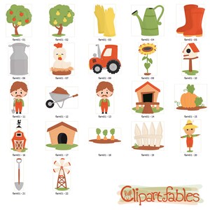 May include: A set of 22 colorful cartoon illustrations of farm animals, objects, and scenes. The illustrations include a red tractor, a scarecrow, a chicken, a pumpkin, a barn, a windmill, a watering can, a pair of gloves, a birdhouse, a wheelbarrow, a fence, a garden, and a farmer.