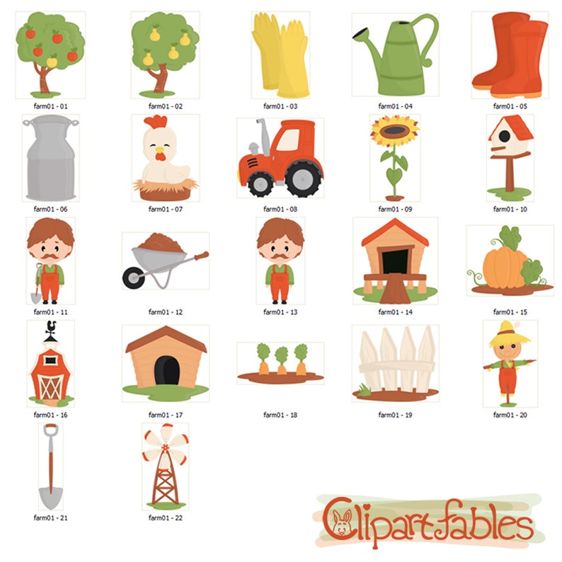 May include: A set of 22 colorful cartoon illustrations of farm animals, objects, and scenes. The illustrations include a red tractor, a scarecrow, a chicken, a pumpkin, a barn, a windmill, a watering can, a pair of gloves, a birdhouse, a wheelbarrow, a fence, a garden, and a farmer.
