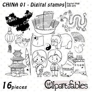 Puede incluir: Un conjunto de 16 sellos digitales en blanco y negro que representan iconos culturales chinos. Los sellos incluyen un dragón, un panda, una pagoda, un barco y mucho más. El texto "CHINA 01 - Digital stamps" y "16 pieces" también está incluido en la imagen.