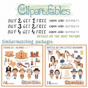 Puede incluir: Dos conjuntos de clipart digitales, cada uno con 16 piezas. El primer conjunto se titula "Texas 02 - Alamo" y presenta ilustraciones del Alamo, un ca&ntilde;&oacute;n, un viol&iacute;n y personas con trajes hist&oacute;ricos. El segundo conjunto se titula "Batalla de Little Bighorn" y presenta ilustraciones de nativos americanos a caballo, soldados y un monumento. El texto "BUY 2 GET 1 FREE cupon code: BUY2GET1 BUY 3 GET 2 FREE cupon code: BUY3GET2 BUY 4 GET 4 FREE cupon code: BUY4GET4 DETAILS ON THE NEXT PICTURE" tambi&eacute;n est&aacute; incluido.