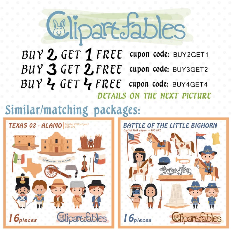 Puede incluir: Dos conjuntos de clipart digitales, cada uno con 16 piezas. El primer conjunto se titula "Texas 02 - Alamo" y presenta ilustraciones del Alamo, un ca&ntilde;&oacute;n, un viol&iacute;n y personas con trajes hist&oacute;ricos. El segundo conjunto se titula "Batalla de Little Bighorn" y presenta ilustraciones de nativos americanos a caballo, soldados y un monumento. El texto "BUY 2 GET 1 FREE cupon code: BUY2GET1 BUY 3 GET 2 FREE cupon code: BUY3GET2 BUY 4 GET 4 FREE cupon code: BUY4GET4 DETAILS ON THE NEXT PICTURE" tambi&eacute;n est&aacute; incluido.