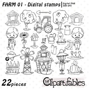 May include: A set of 22 black and white digital stamps featuring farm-themed illustrations. The illustrations include a barn, a windmill, a scarecrow, a tractor, a farmer, a chicken, a sunflower, a pear tree, a pumpkin, a fence, a watering can, a birdhouse, a dog house, a wheelbarrow, and a pair of gloves.