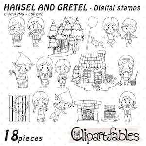 HÄNSEL UND GRETEL digitale Stempel, Kindergeschichte, Candy House Umriss, Grimm Märchen Linie Kunst - Sofortiger Download, Digital png