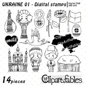 Cyfrowe znaczki UKRAINA, Kijów, Matrioszka, Uroczy zarys podróży, Bandura, Ukraiński strój tradycyjny, Kolorowanka Kijów, Znaczek, Natychmiastowe pobranie