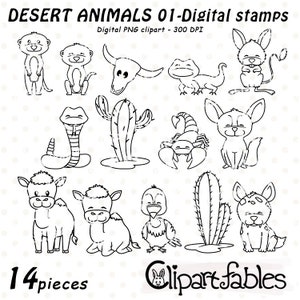 Sellos digitales ANIMALES DEL DESIERTO, Contorno de animales salvajes, Clipart de animales bebés, En el desierto, Colorear, Blanco y negro, Colorear, Sello