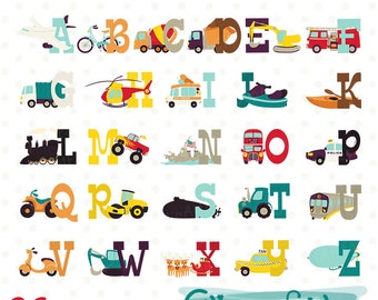 May include: A colorful alphabet chart featuring 26 letters, each letter is paired with a different vehicle or transportation themed image. The letters are in a bold, playful font. The images include a plane, bicycle, cement mixer, truck, excavator, fire truck, garbage truck, helicopter, school bus, jet ski, kayak, train, monster truck, boat, double-decker bus, police car, ATV, road roller, submarine, tow truck, school bus, scooter, backhoe, reindeer-drawn sleigh, taxi, and a blimp.