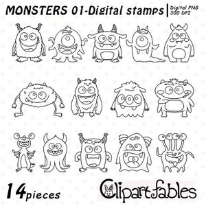 MONSTER digitale Briefmarken, gruselige Aliens, PNG Briefmarken, Monsterparty, Kinder Kunst - Sofort-Download, Digital, Druckbares Design