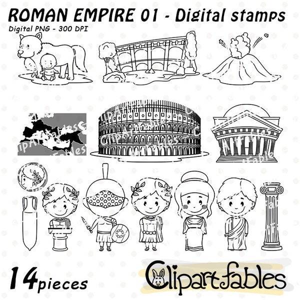 ANCIENT ROME digital stamps, Travel outline, Roman Empire, Colosseum, Gladiator stamp, Aqueduct, Coloring for kids  - INSTANT download