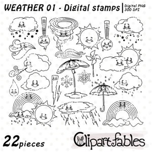 Carimbos digitais KAWAII WEATHER, Contorno de nuvens, Arte de linha do clima, Clipart de previsão do tempo, Ícones de clima fofos, Arco-íris - Download INSTANTÂNEO, Colorir
