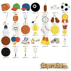 May include: A selection of sports-related illustrations in various colours. Includes a cricket ball, a baseball cap, a rugby ball, a golf ball, a hockey stick, a stopwatch, boxing gloves, a football, a basketball, a tennis ball, and more. The image is labelled "sports01".