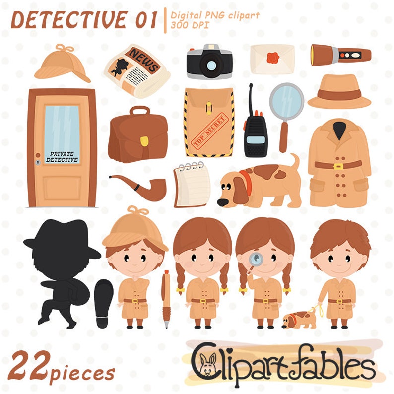 May include: A set of 22 cartoon illustrations featuring a detective theme. The illustrations include a detective's hat, a magnifying glass, a briefcase, a pipe, a notepad, a dog, a coat, a door, a newspaper, a camera, an envelope, a flashlight, a walkie-talkie, a pen, and four cartoon detectives.