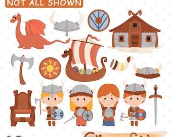 Cute Viking Clipart Set, Nordic Valkyrie and Longship PNG Graphics for Kids
