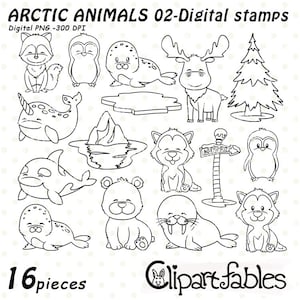 ANIMAUX DE L'ARCTIQUE - Timbres numériques, Pôle Nord, Narval, Ours polaire, Husky - Modèles numériques imprimables à téléchargement immédiat